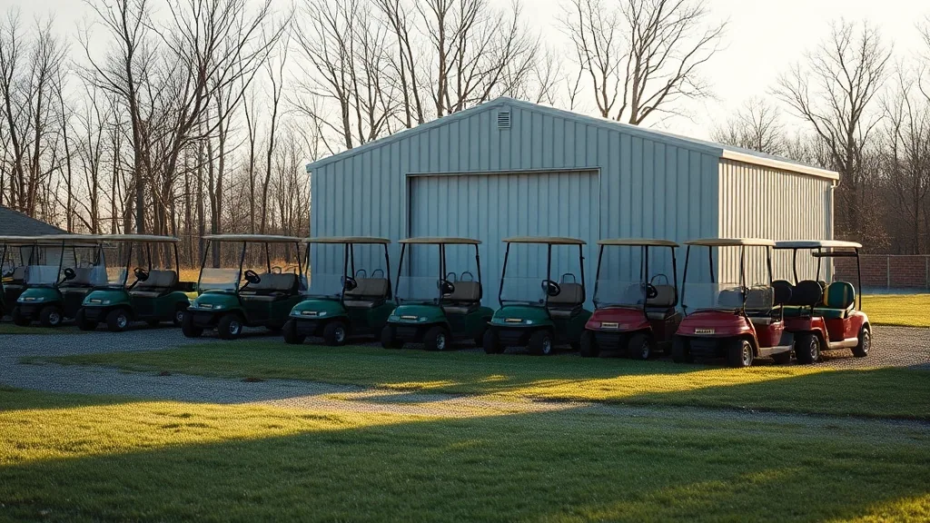 A row of golf carts parked on gravel at first light beside a plain metal shed, dew on the grass, bare trees behind.