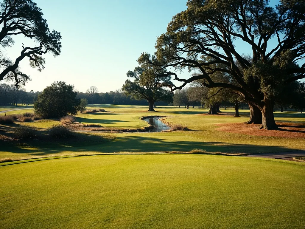 The view from an elevated tee down a fairway to a creek crossing it, mowed rough and mature oaks on both sides, mid morning light.