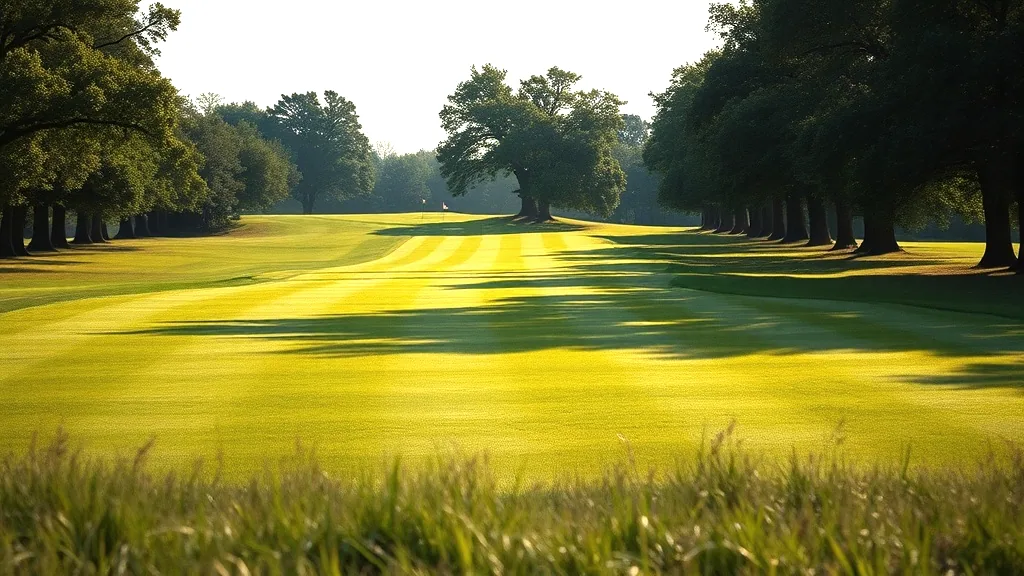 A mowed fairway with mower stripes running away between mature oaks toward a distant green and flagstick, rough grass in the foreground, mid morning light.