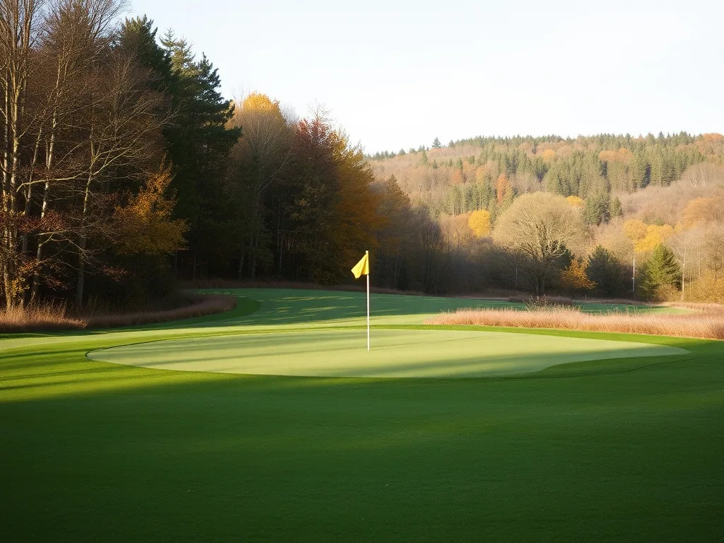 A short par three green seen from the tee across a wooded hollow, the flagstick standing on it, autumn colour on the far bank, late afternoon light.